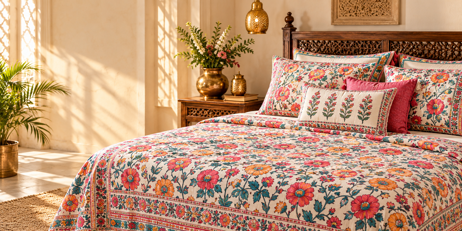 Rangtaari Jaipur hand-block printed bedsheet styled in a Rajasthan-inspired bedroom